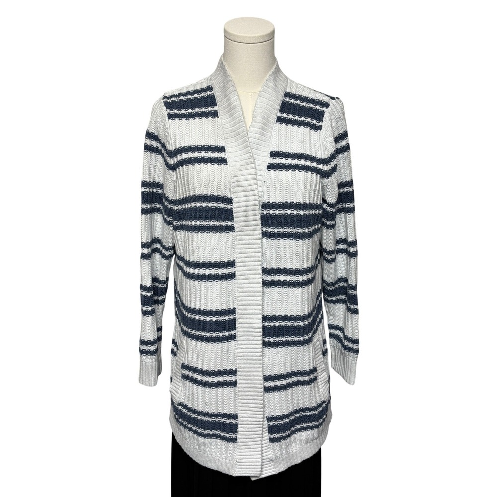 L.L.Bean Striped Cardigan Sweater Open Front Knit Cotton Blend Large Chunky Fall